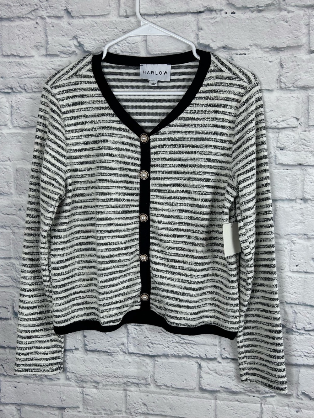 Harlow Striped Faux Pearl Button Sweater Top Black White Size Large NWT